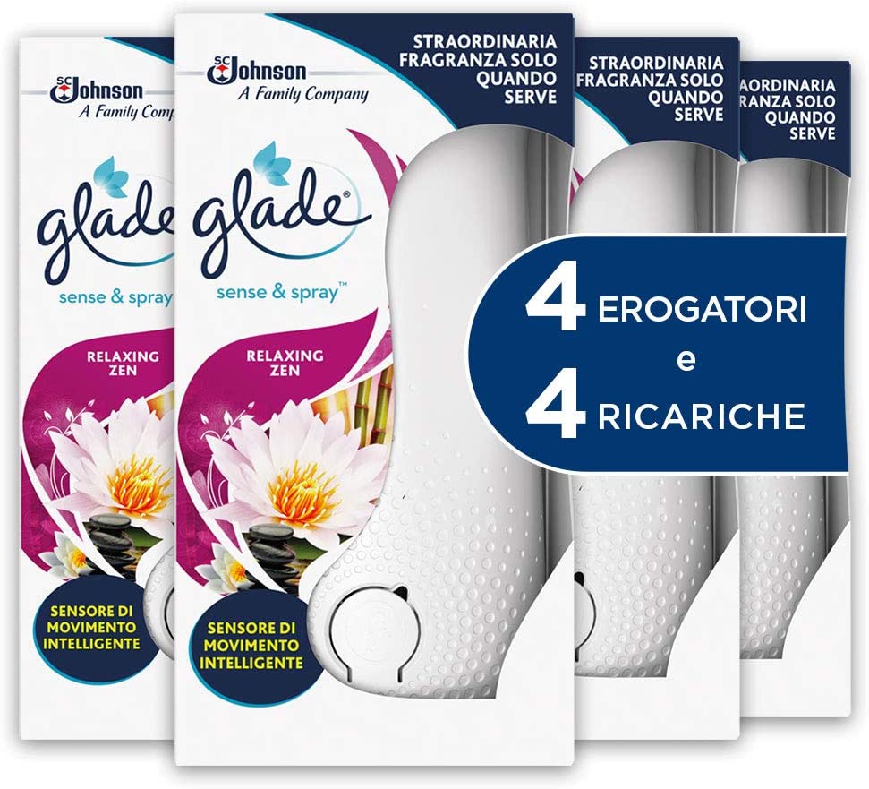 Glade Sense&Spray, Profumatori per Ambienti, Fragranza Relaxing Zen, 4  Erogatori e 4 Ricariche