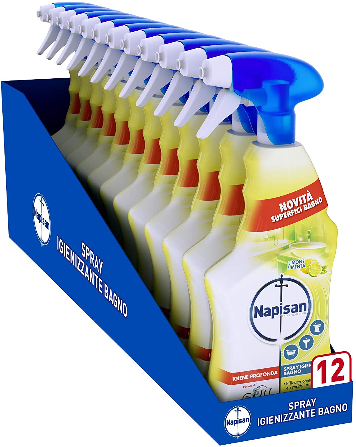 Napisan Spray Igienizzante Multisuperfici Bagno, Limone e Menta, Confezione  da 12 Spray Igienizzanti, Spray da 750 ml - Biostaff