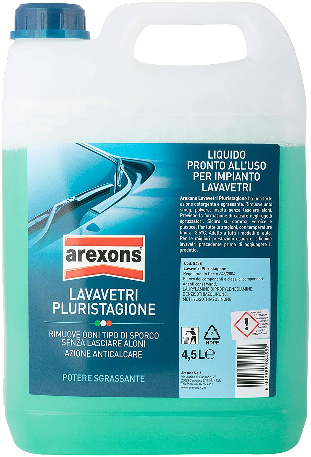 AREXONS LAVAVETRI PLURISTAGIONE -3.5 °C Liquido lavavetri auto 4.5 l  liquido tergicristalli pronto all'uso, detergente vetri auto, azione  sgrassante, rimuove ogni tipo di sporco, azione anticalcare - Biostaff
