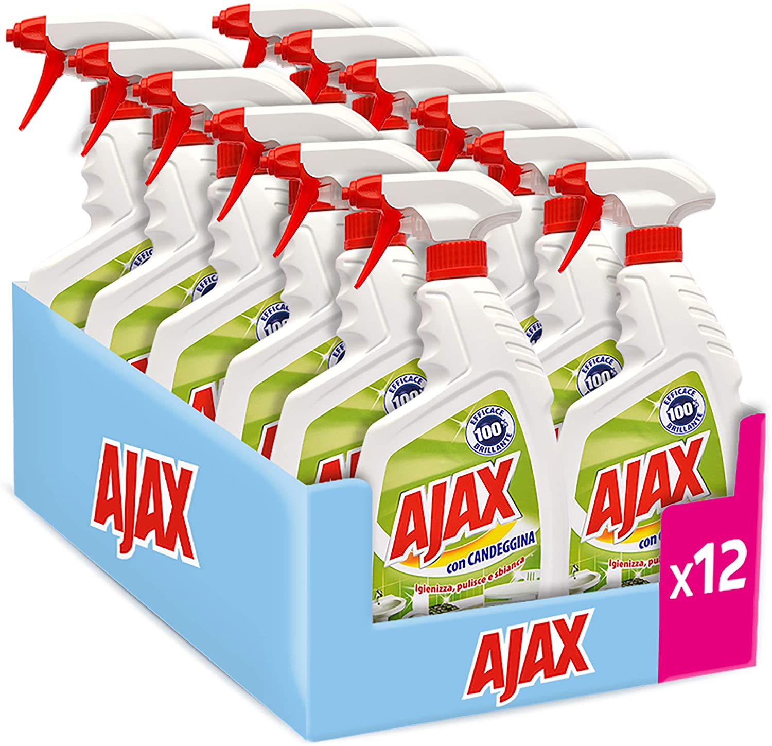 AJAX, Spray Con Candeggina 2 in 1: Igienizza, Pulisce e Sbianca, 100%  Efficacia e Brillantezza, Agente Antibatterico - 12 Flaconi Da 750 ml -  Biostaff